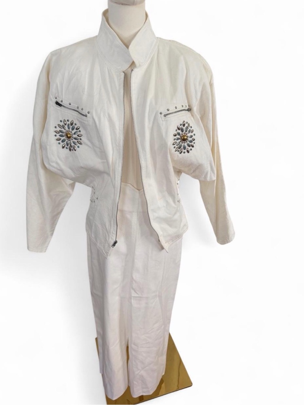 White Embellished Women's Bomber Jacket and Skirt set